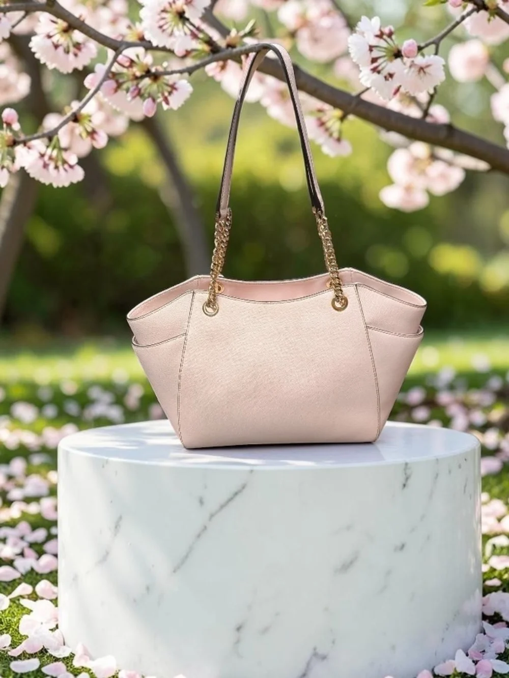 Michael Kors Pale Pink Saffiano Leather Shoulder Tote with Gold Hardware